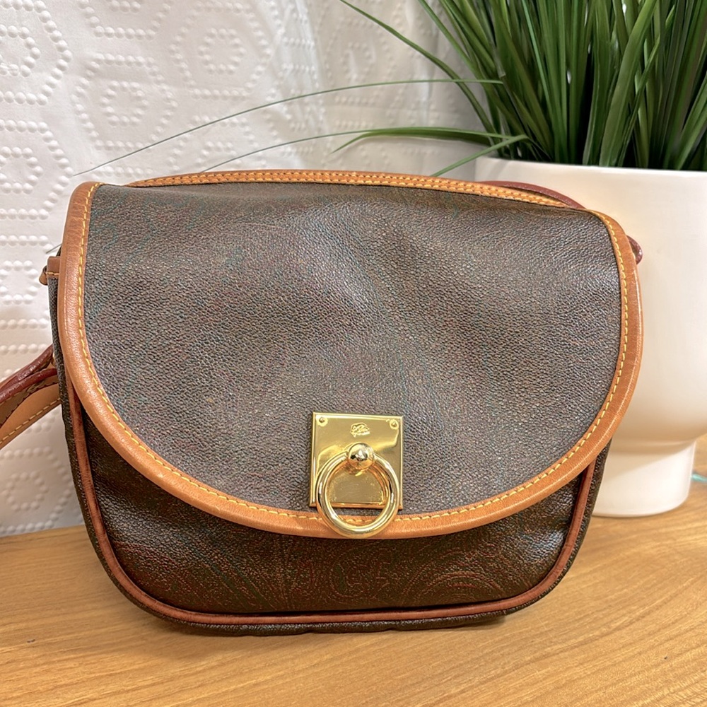 Vintage Etro Classic Paisley Coated Canvas & Leather Rare Style Crossbody